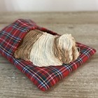 Sandicast Shih-tzu 1992 Brown Hand Painted Dog Sculpture W  Red Plaid Pillow S75