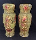 Antique Matching Pair Of Goofus Glass Bird Floral Vases  Red Gold   Green  9 5 