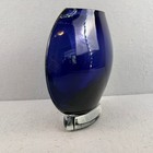 Lg Vtg Cobalt Blue Art Glass Oblique Vase 10  Mcm Sommerso Vicke Lindstrand