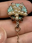 Vintage Gold Tone Green Enamel Clip-on Earrings Simulated Pearl Teardrop Drops