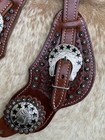Mens Tooled Top Grain Leather Western Pair Spur Straps Engraved Silver Hardware
