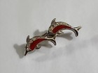 2 Dolphins Swimming Lapel Pin Red Enamel   Faux Jewels