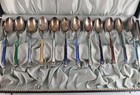 Vtg  David Andersen Norway Sterling Silver   Guilloche Enamel Tea Spoon Set 12pc