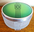 Vtg Powder Jar Box  Footed Ribbed   Floral Glass Dresser Vanity green Etched Lid