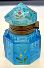 Antique Six Sided Aqua Blue Cut Glass Inkwell Brass Hinged Enameled Flowers Nice