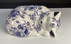 Blue And White Porcelain Kitty Cat Floral Sleeping Figurine