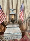 Amazing Ooak Old Blue Pedestal W  Old Carriage Lantern Eagle Old Americana Flags