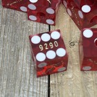 Set Of 6 Mohegan Sun Casino Drilled Canceled Dice Ruby Red -gold Letters Read