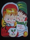 Unused 1950s Vintage Greeting Card Christmas Girl W  Muff  Boy W  Present