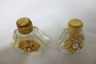 2 Vintage Miniature Glass Perfume Bottles Ornate Brass Filigree Jeweled W dauber
