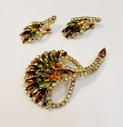 Vintage Fan Brooch   Earrings Green Yellow Topaz Rhinestones Juliana 