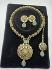 Gold Tone Asian Ethnic Jewelry Set Green Stones Necklace Earrings Maang Tikka