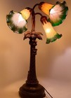 Vtg Tiffany Style Table Lamp 3 Arm Glass Tulip Shades Palm Tree Monkey Base 21   