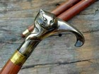 Nautical Antique Solid Brass Cat Head Handle Vintage Wooden Walking Stick Cane