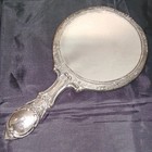 Vintage Silver Plated Vanity Hand Mirror Embossed Floral   Scroll Art Nouveau 