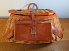 Vtg Wicker Fishing Creel W  Adjustable Leathers British Hong Kong  Org  Label