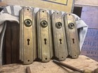 4 Antique Metal Door Knob   Back Plate Set Vintage Art Deco Brass Knobs Plates