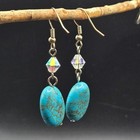 Turquoise Blue Oval Gemstone Dangle Earrings Crystal Accents Silver Tone Hooks