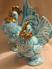 Pair Of Vintage Ceramic Blue And Gold Rooster   Hen