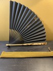 Vintage Chinese Folding Hand Fan Black Gold Kyosensu With Velvet Case