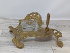 Vtg Ornate Art Nouveau Brass Footed Inkwell With Glass Well   Pen Holder No Lid