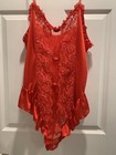 Vtg Silky Teddy Lingerie Sheer Lace Ruffle High Cut Red Rosettes 1x Free Ship