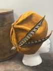 Vintage Pouch Faux Fur Felt Ochre Beret With Pheasant Feathers