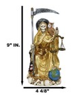 Seated Gold Santa Muerte With Scythe Scales Of Justice And Wise Owl Figurine 9 h