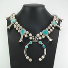 Antique Native American Turquoise Beads Squash Blossom Sterling Silver Necklace