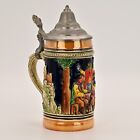 Original Vintage Signed German Ceramic Hand Painted Glazed Pewter Lid Beer Stein