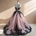 Gothic Pink Wedding Dress Strapless Ruffled Black Lace-up Applique Bridal Gowns