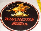 Vintage Winchester Western Horse  Man   Gun 11 3 4 Porcelain Metal Hunting Sign 