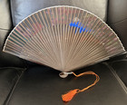 Vtg Japanese Folding Hand Fan - Mount Fuji  Pink Blossoms  Pagoda - Hand Painted