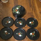 Vintage Otagiri Japan Black Lacquerware Coaster Set Floral Box With 6 Coasters