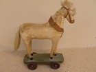 Antique Wooden Horse Pull Toy W Original Flocking And Wooden Wheels