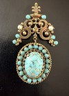 Antique Czech Glass Turquoise Cabochon Seed Pearls Articulated Brooch pendant