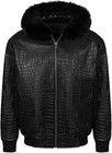 Men Bomber Hooded Leather Jacket Crocodile Embossed Jacket Fur Hood Biker Jacket
