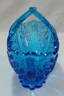 Basket Dish Fenton Glass Blue Daisy   Button Split Twig Handle 1960 s Vintage