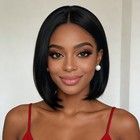 Women Black Middle Part Straight Bob Wigs Smooth Short Full Wig Adjustable Cap