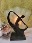 Art Deco Dancer Figurine Table Lamp Black  Frosted Glass Leaf Shade Corded