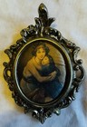Vintage Victorian Brass Ornate Oval Frame Italian Silk Mother   Child