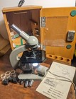 Vintage Elgeet Olympus Model H Microscope With Wooden Case Box   Illuminator 