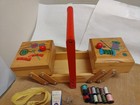 Vintage Wooden Accordion Sewing  Box  Red Handle  10 x5 x5   Notions 