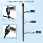 Heavy Duty 8 Inch Black Zip Ties - 500 Pack - 40lbs Tensile Strength - Cable    