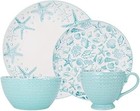 New 16-piece Stoneware Dinnerware Set For 4  Aqua   White  Microwave Safe