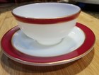   rare   Vintage 1950 s Pyrex Cup And Saucer  Opal White  Flamingo Red W  Gold