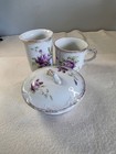 Vintage 3-piece Porcelain Vanity Set Purple Flowers Gold Trim Hand Painted