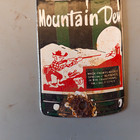 Vintage Mountain Dew Bottle Shaped Porcelain Enamel Soda Ad Sign 8 Inches High