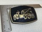 Vintage 1980   s Brass Black Enamel Wrecker Tow Truck Belt Buckle 4  Wide
