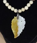 Ivory Jade And Bronze Beaded Necklace With Vintage Tan ivory Leaf Pendant